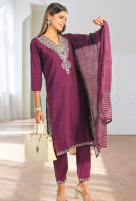 Rich Wine Embroidered Cotton Kurta Set with Woven Dupatta and Straight Pants