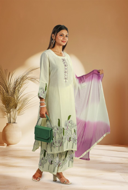Floral Printed Cotton Kurta Set with Ombre Dupatta