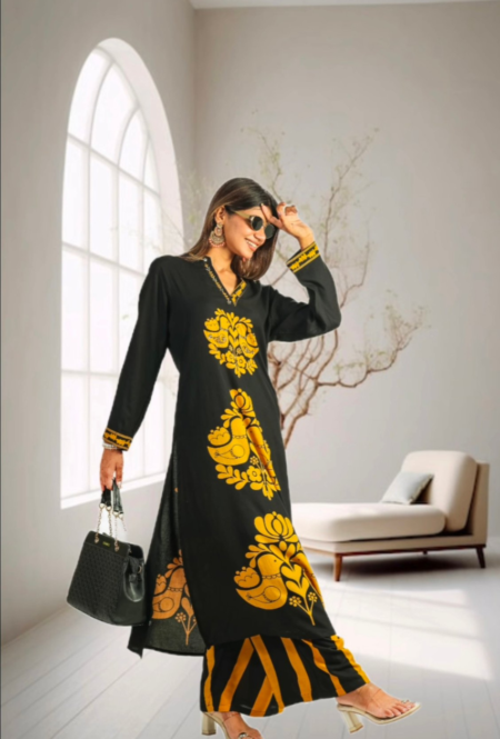 Elegant Black Kurta Set with Yellow Embroidery and Striped Palazzo