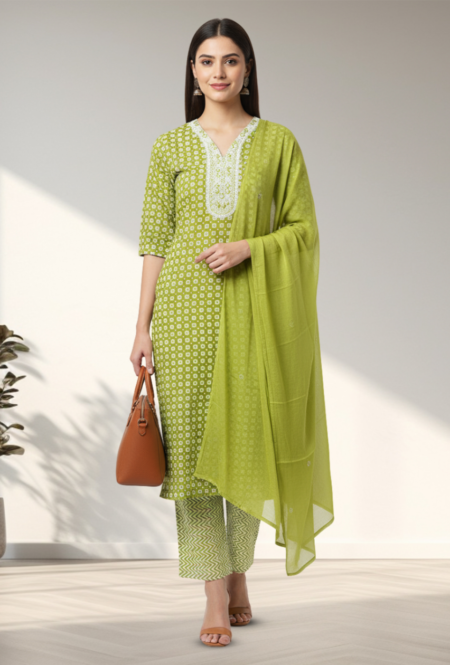 Elegant Green Printed Cotton Kurta Set with Dupatta for Women