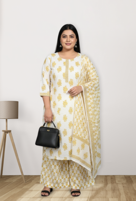 Off-White and Yellow Floral Printed Cotton Kurta Set with Dupatta for Women (Plus Size)
