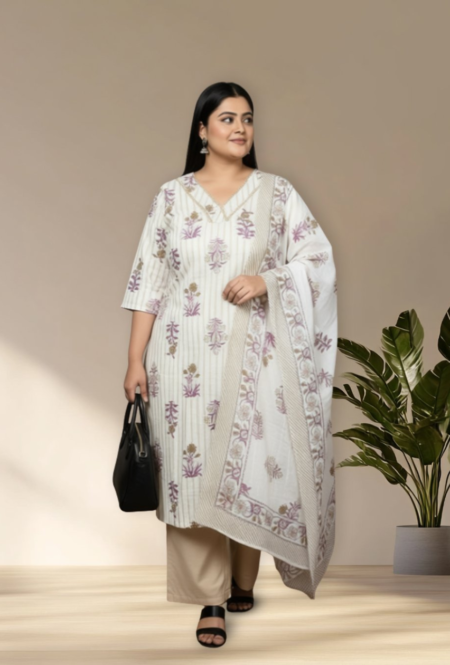 Off-White and Beige Floral Printed Cotton Kurta Set with Dupatta for Women (Plus Size)