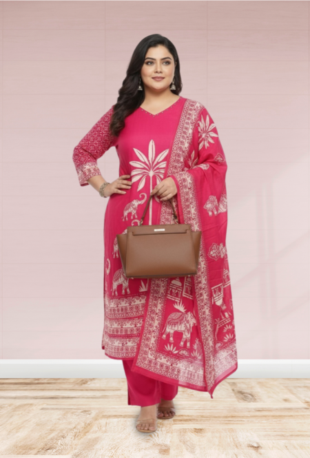 Elegant Pink Ethnic Printed Cotton Kurta Set with Dupatta for Women