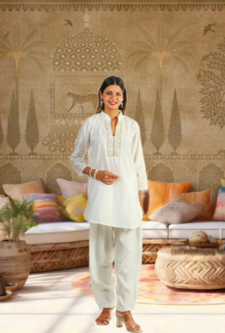 Elegant Ivory White Cotton-Silk Tunic and Pant Set