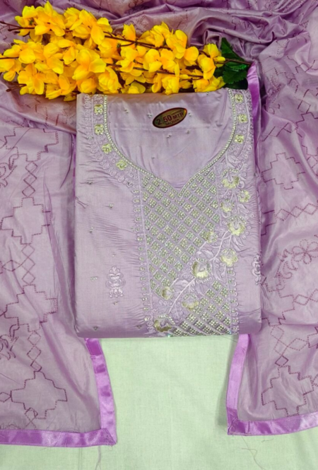 Lavender Purple Embroidered Unstitched Chanderi Silk Suit Set with Geometric Dupatta