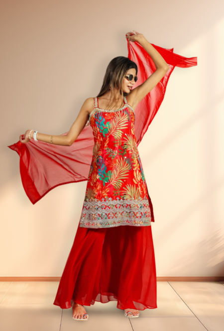 Vibrant Red Tropical Print Strappy Kurta Set with Embroidered Gharara & Chiffon Dupatta