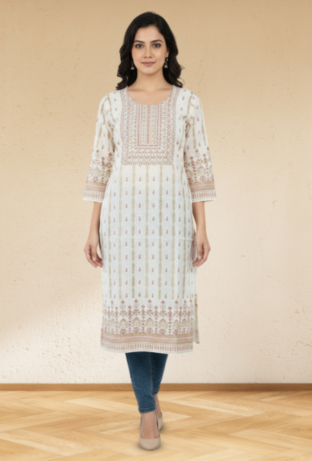 Elegant White Printed Cotton Kurti for Women – Ethnic Wear with 3/4 Sleeves