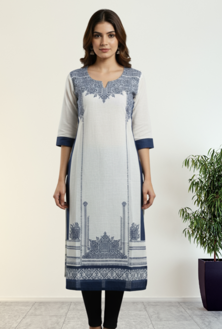 Elegant White & Navy Blue Printed Cotton Kurti for Women