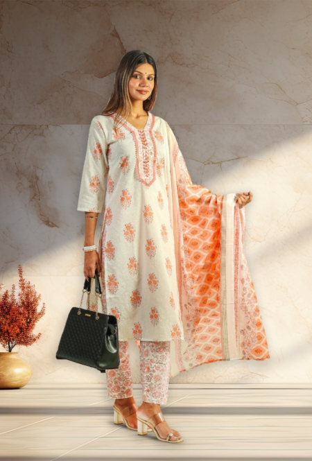 Peach & Cream Printed Cotton Kurta Set with Dupatta for Women