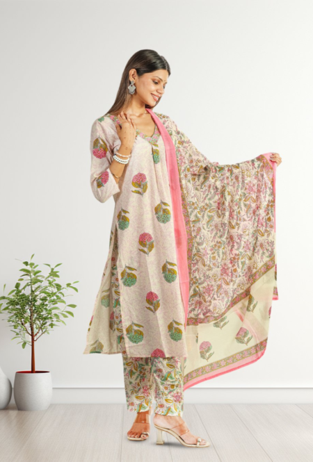 Traditional Hand Block Printed Cotton Kurta Set with Coordinated Pants & Dupatta
