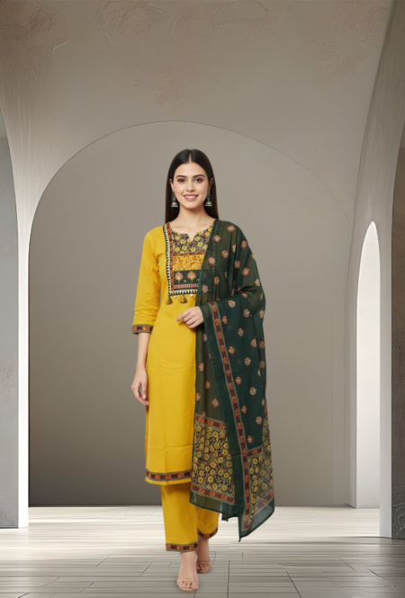 Elegant Embroidered Cotton Kurta Set with Printed Dupatta – Available in Mustard Yellow
