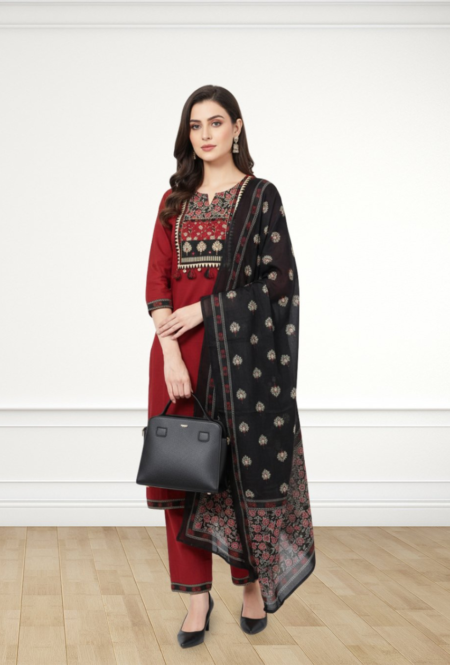 Elegant Embroidered Cotton Kurta Set with Printed Dupatta – Available in Maroon