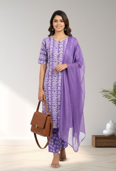 Lavender Purple and White Ikat Print Three-Piece Cotton Suit Set with Chiffon Dupatta