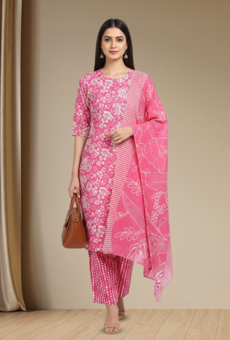 Pink Cotton Floral Printed Kurta Set with Dupatta for Women