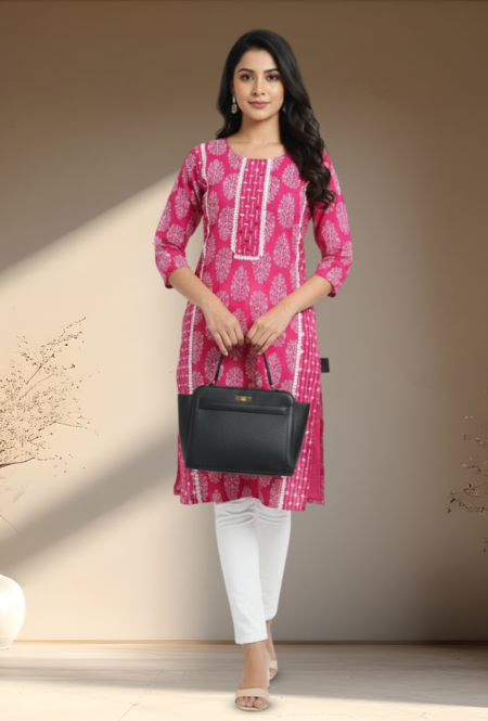 Elegant Pink Printed Cotton Kurti for Women – Perfect for Office & Everyday Wear