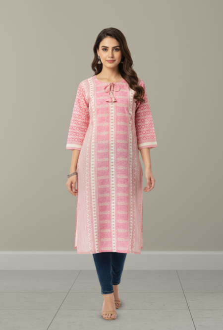 Stylish Pink Printed Cotton Kurti for Women – Elegant Ethnic Wear
