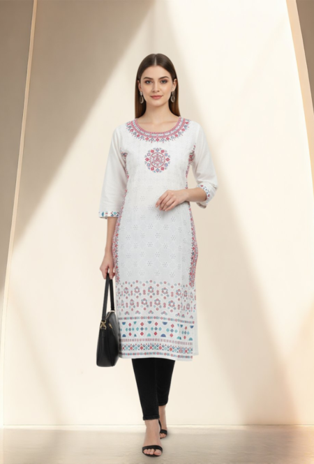 White Printed Cotton Straight Kurti for Women – Ethnic Wear with Stylish Neck Design