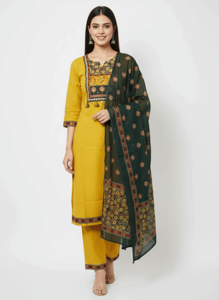 Elegant Embroidered Cotton Kurta Set with Printed Dupatta – Available in Mustard Yellow