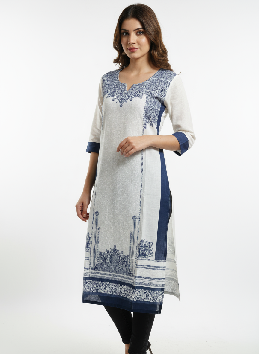 Elegant White & Navy Blue Printed Cotton Kurti for Women