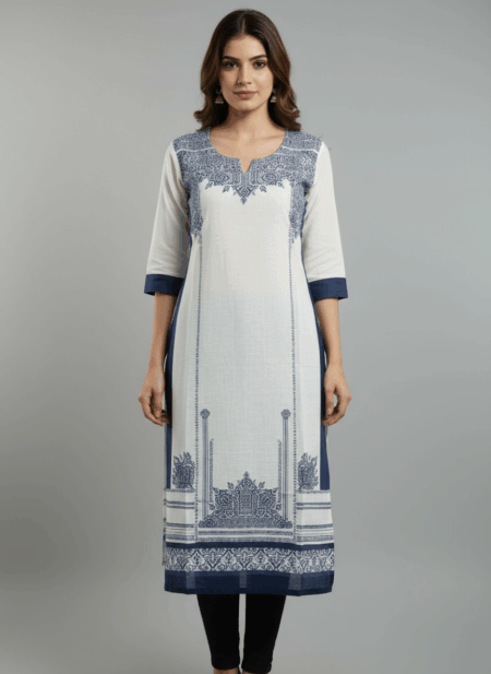 Elegant White & Navy Blue Printed Cotton Kurti for Women