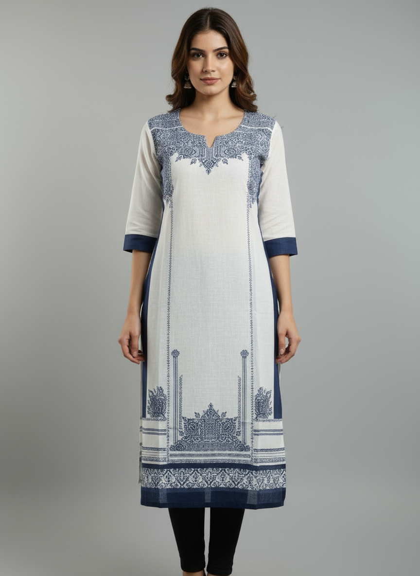 Elegant White & Navy Blue Printed Cotton Kurti for Women