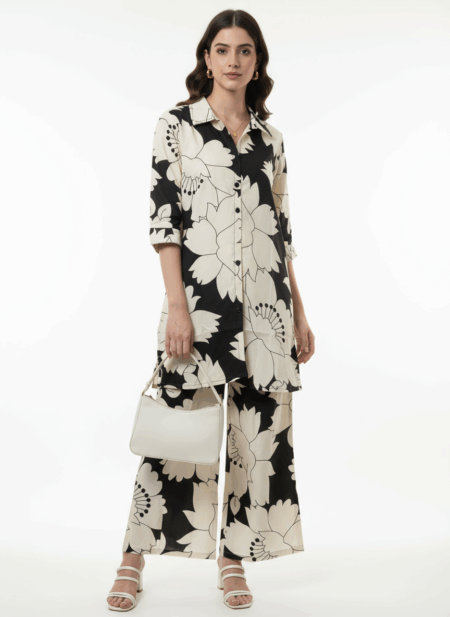 Black and Cream Floral Printed Co-ord Set for Women