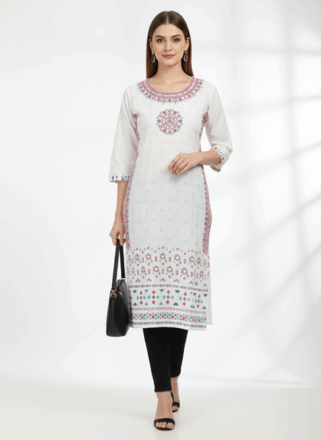White Printed Cotton Straight Kurti for Women – Ethnic Wear with Stylish Neck Design