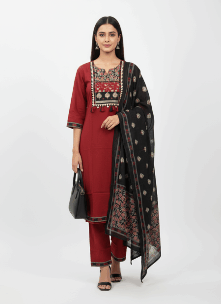 Elegant Embroidered Cotton Kurta Set with Printed Dupatta – Available in Maroon
