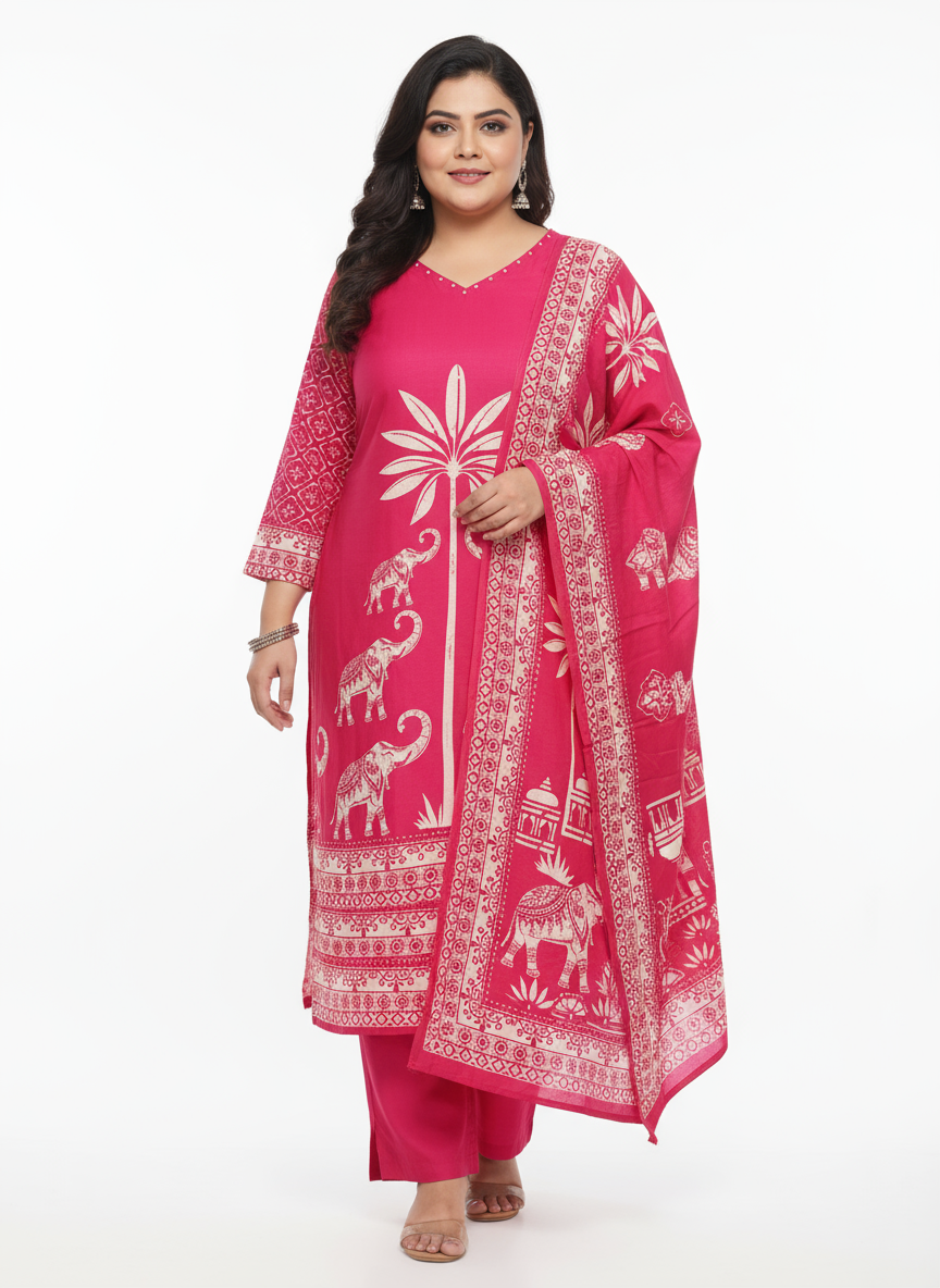 Elegant Pink Ethnic Printed Cotton Kurta Set with Dupatta for Women