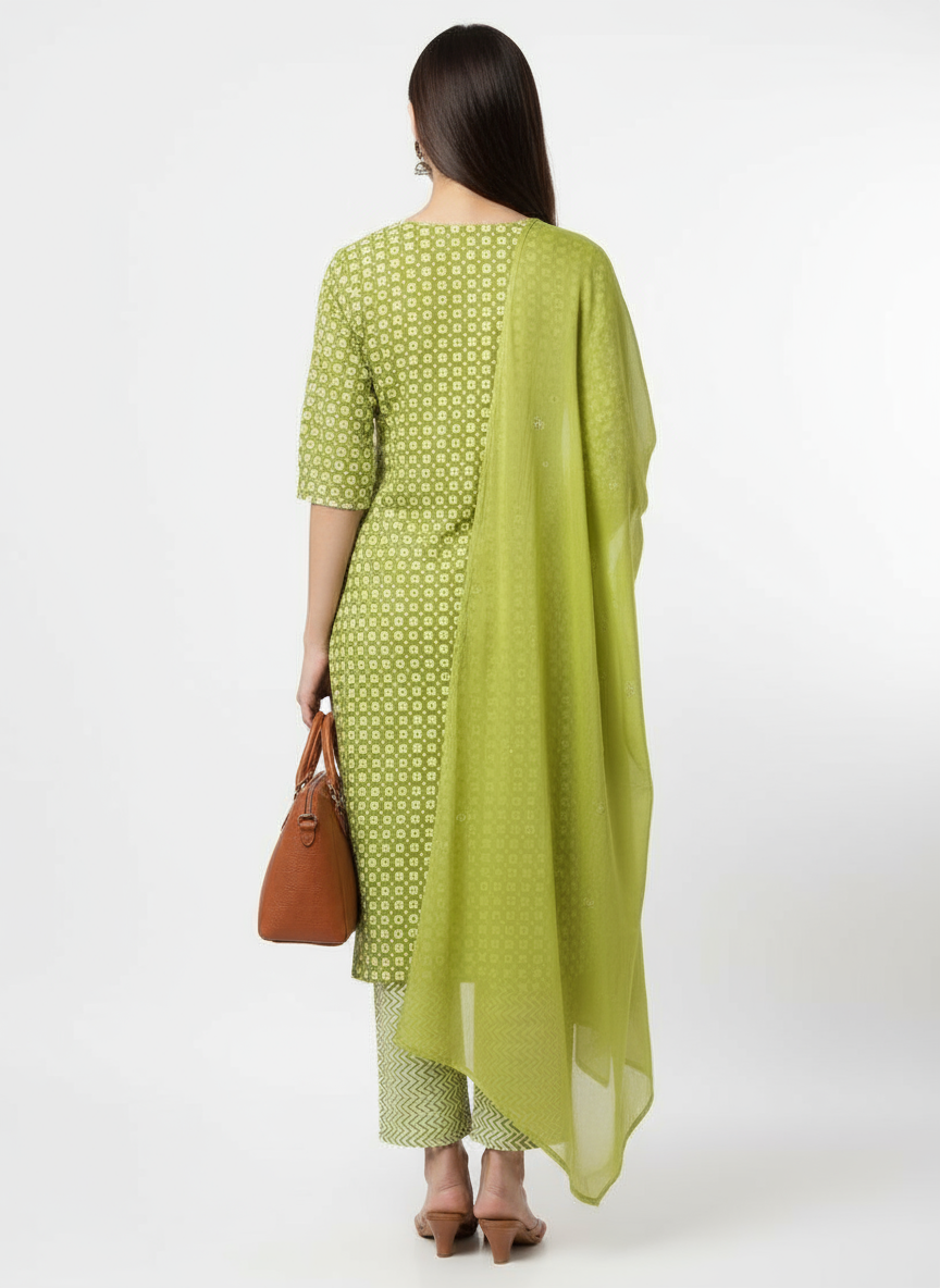 Elegant Green Printed Cotton Kurta Set with Dupatta for Women