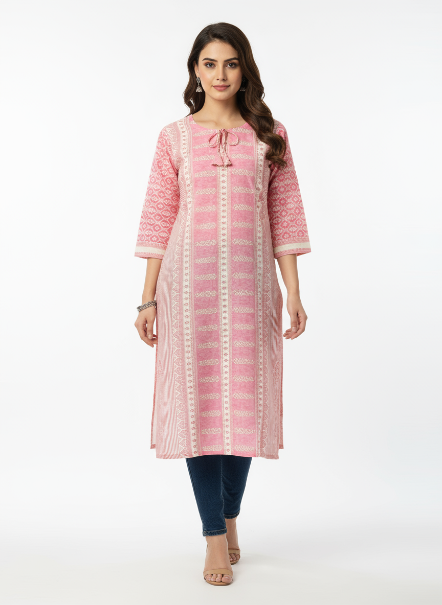 Stylish Pink Printed Cotton Kurti for Women – Elegant Ethnic Wear