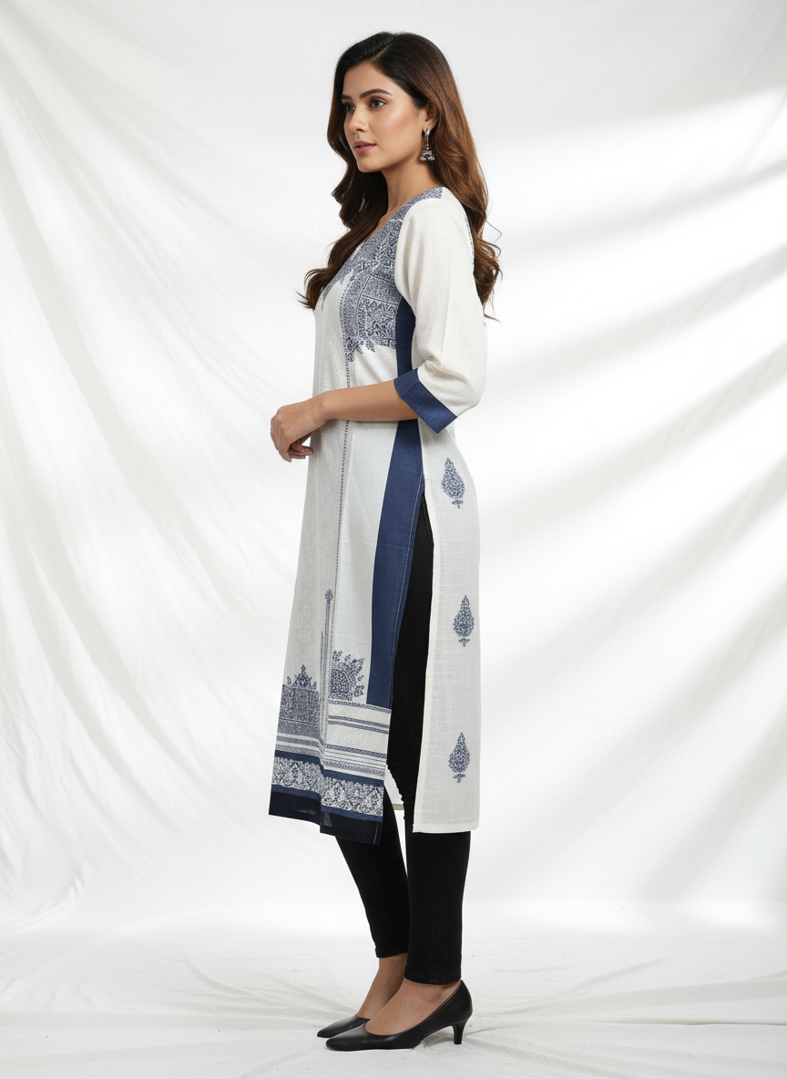 Elegant White & Navy Blue Printed Cotton Kurti for Women