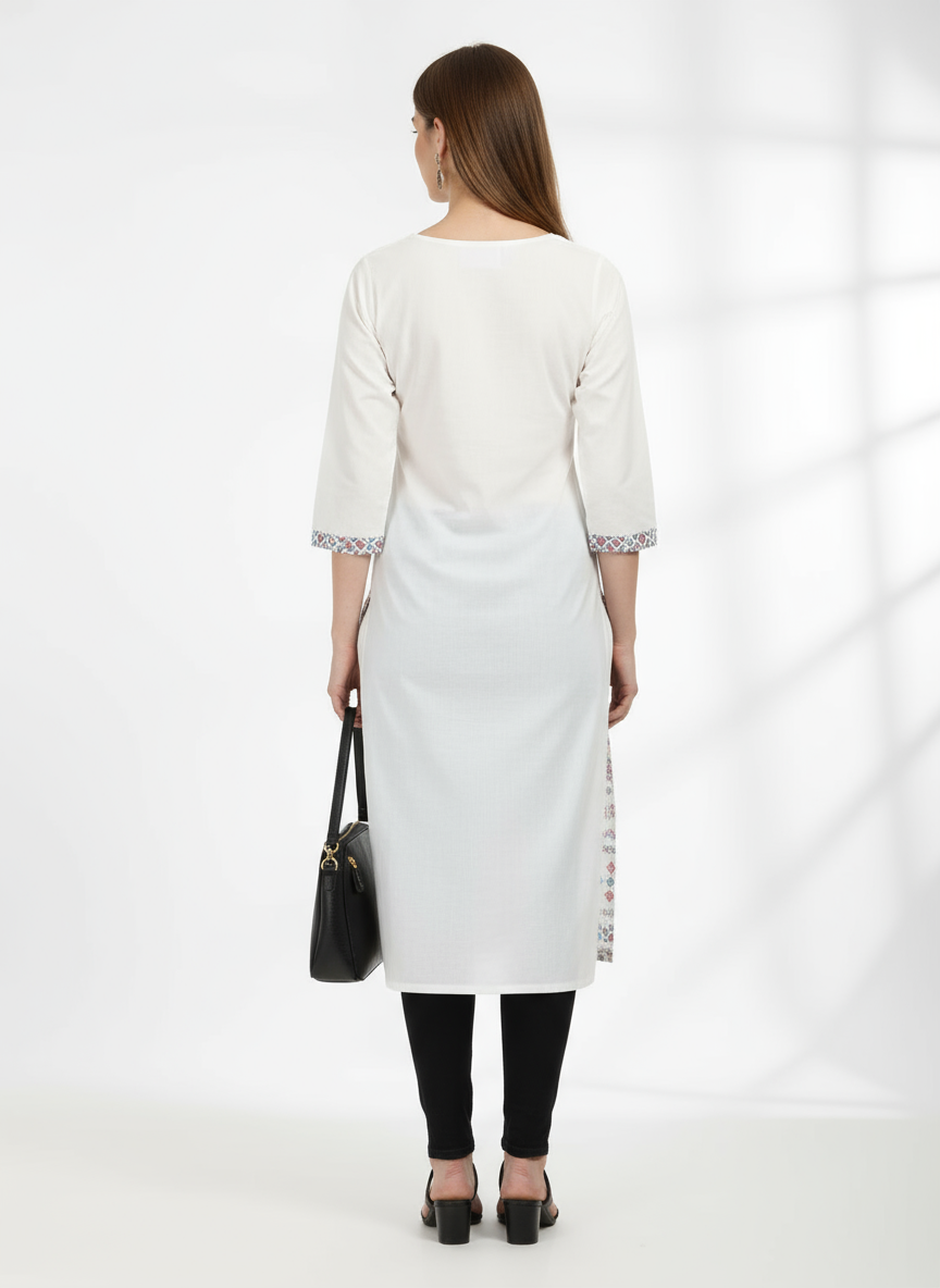 White Printed Cotton Straight Kurti for Women – Ethnic Wear with Stylish Neck Design