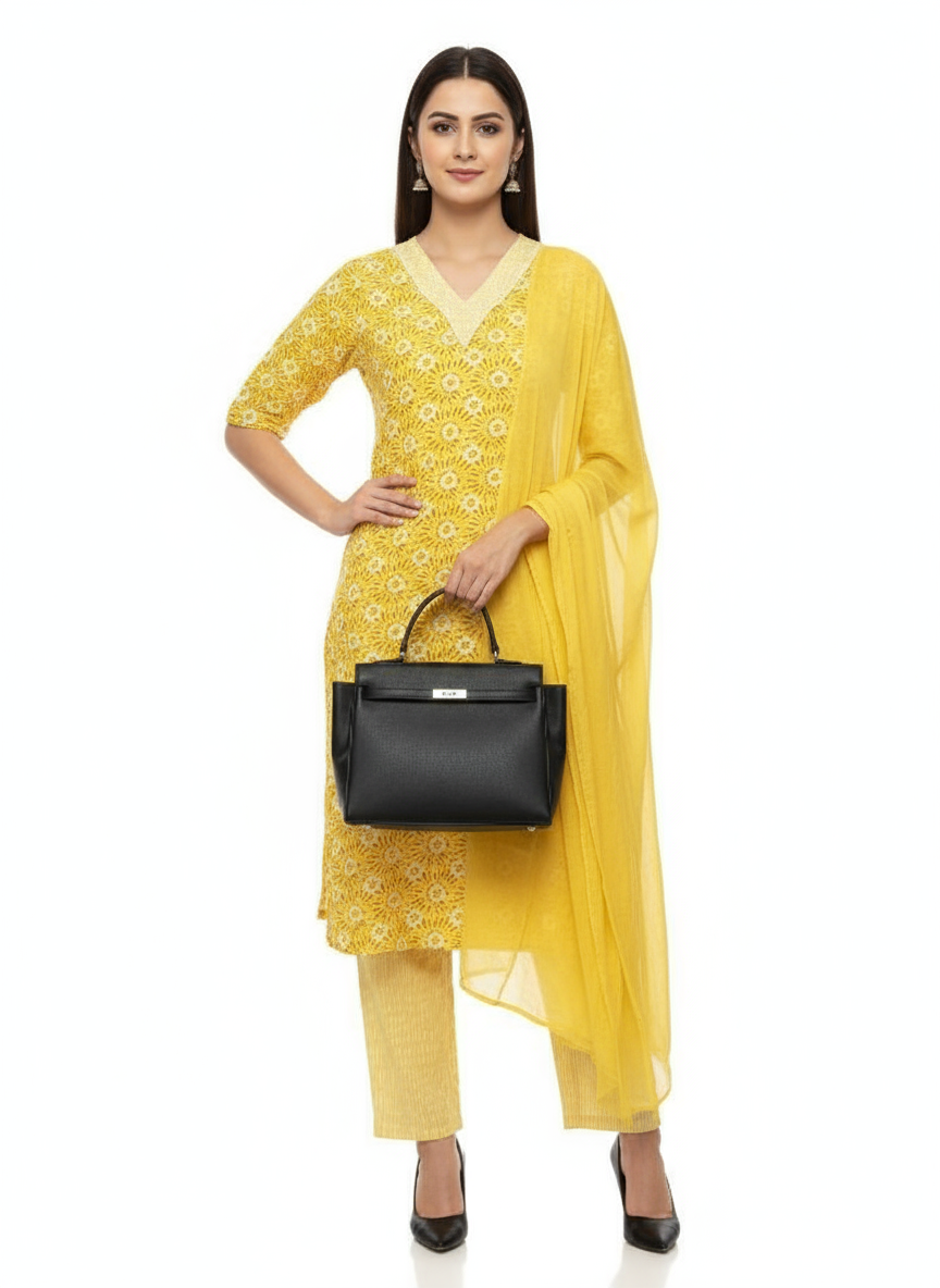 Bright Yellow Embroidered Cotton Kurta Set with Dupatta for Women