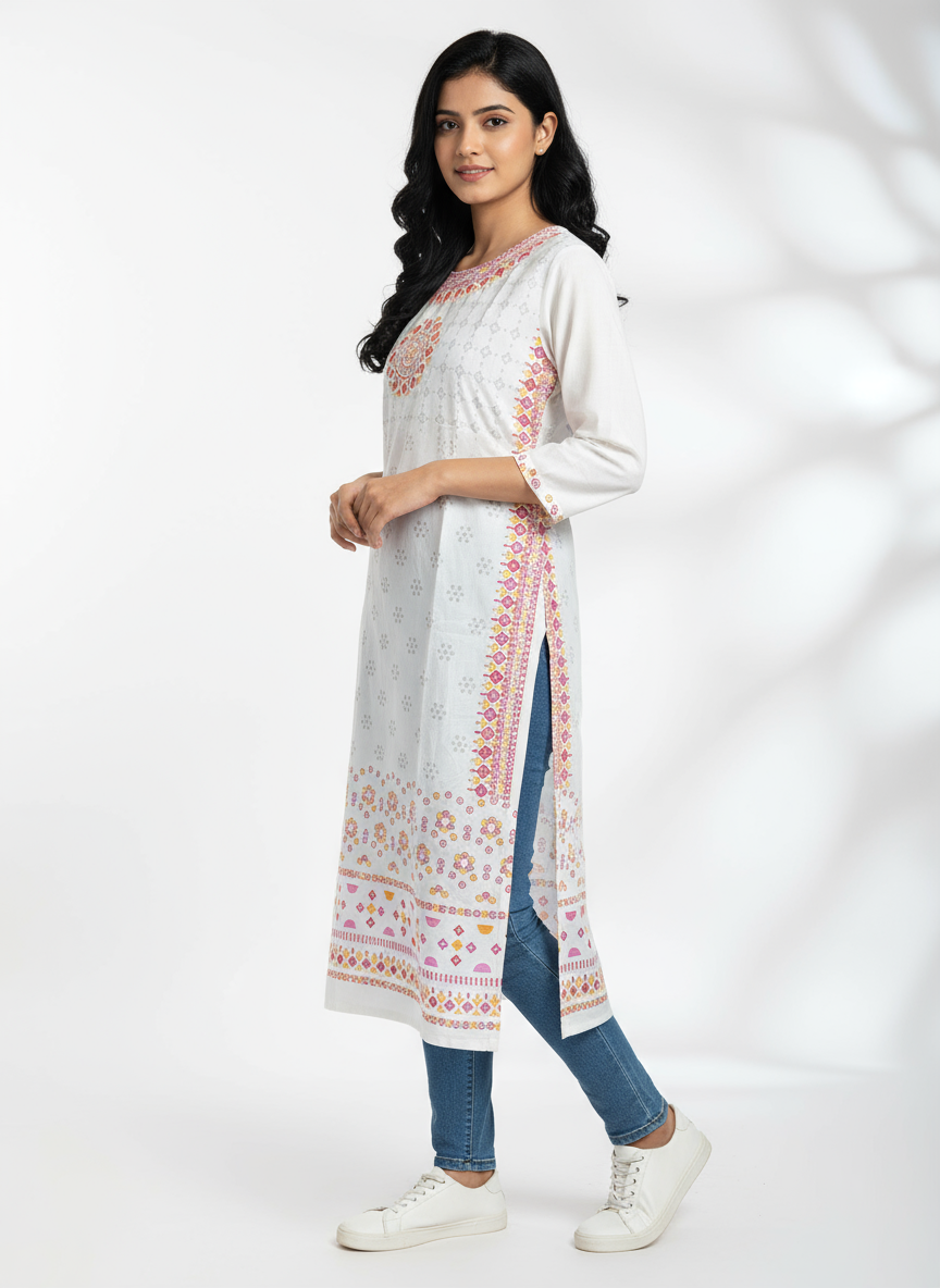 Elegant White Printed Cotton Kurti for Women | Ethnic Wear for Everyday Style