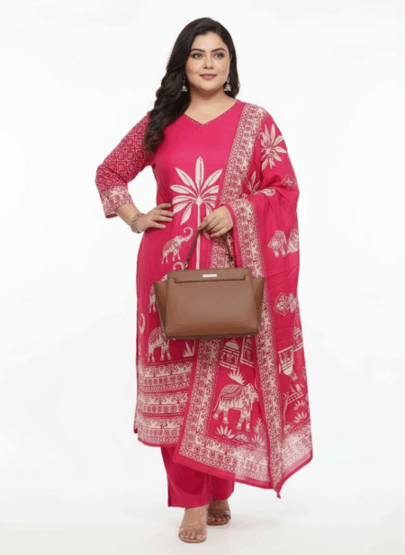 Elegant Pink Ethnic Printed Cotton Kurta Set with Dupatta for Women