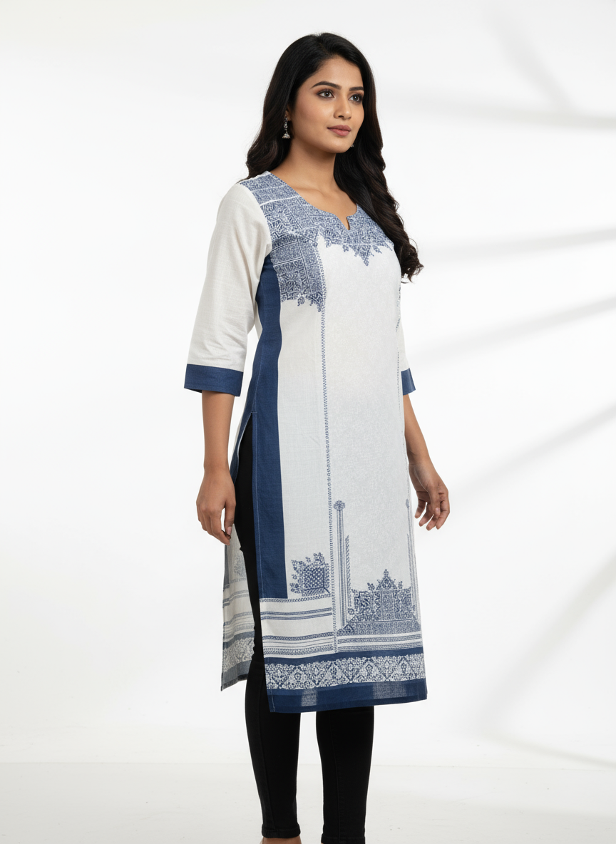 Elegant White & Navy Blue Printed Cotton Kurti for Women
