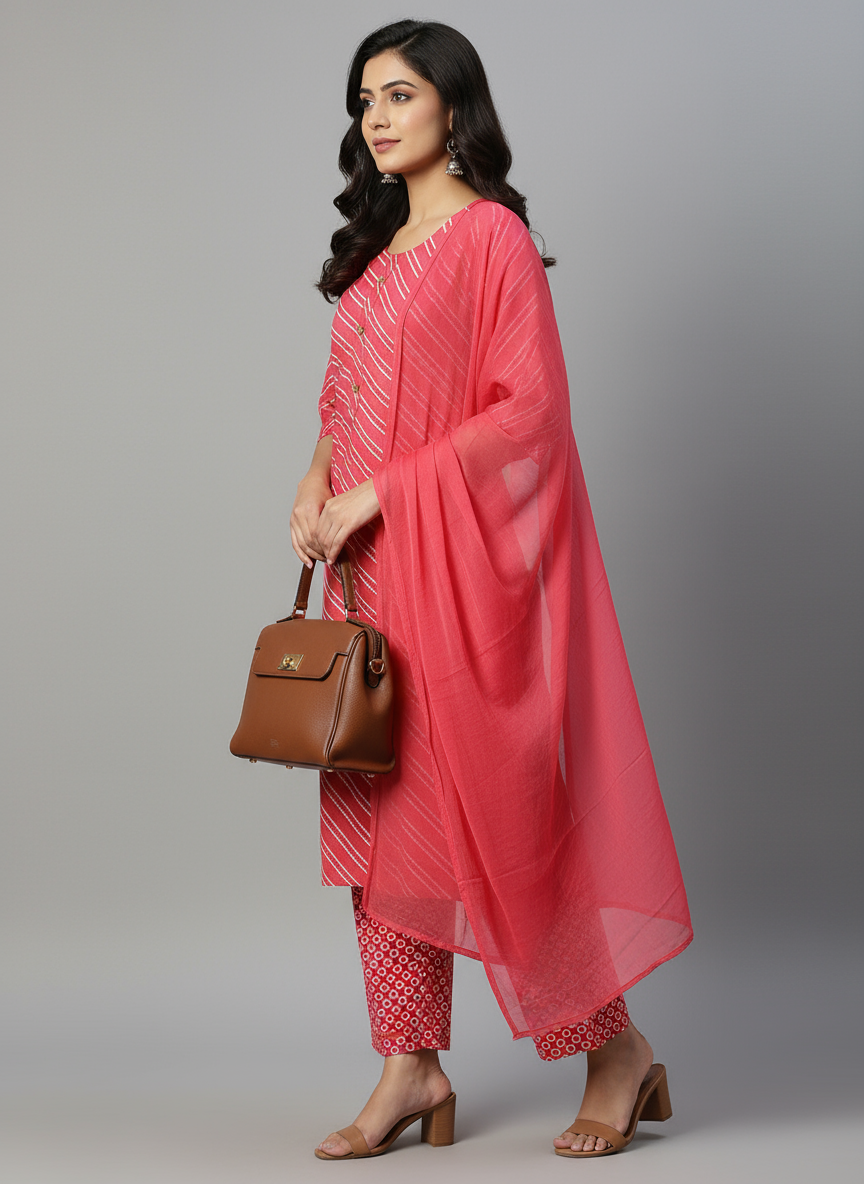 Pink Printed Cotton Kurta Set with Dupatta for Women