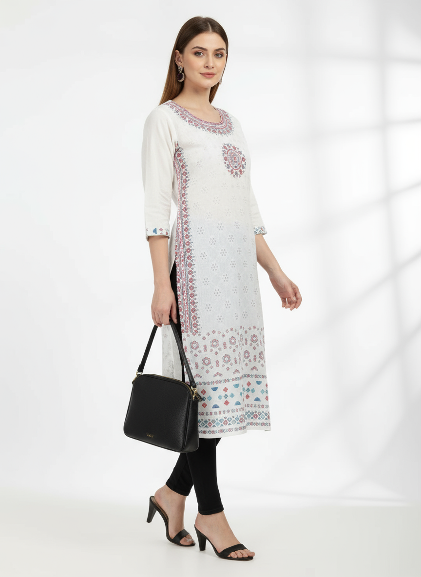 White Printed Cotton Straight Kurti for Women – Ethnic Wear with Stylish Neck Design