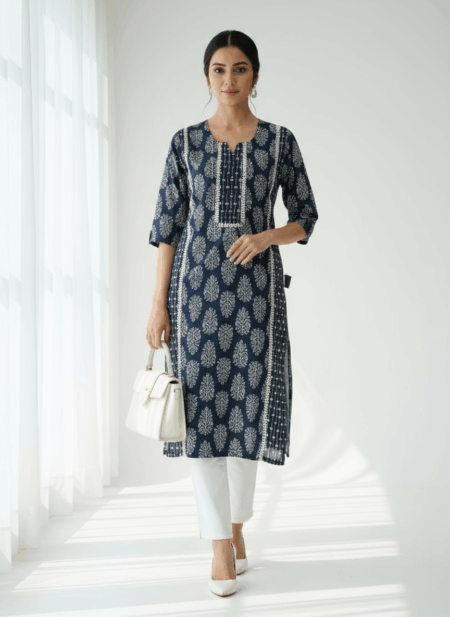 Elegant Navy Blue Printed Cotton Kurti for Women – Office & Casual Wear