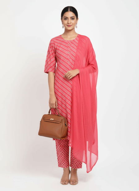 Pink Printed Cotton Kurta Set with Dupatta for Women