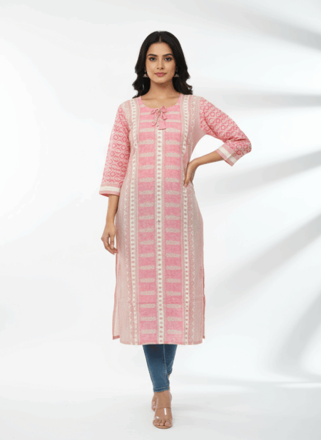 Stylish Pink Printed Cotton Kurti for Women – Elegant Ethnic Wear