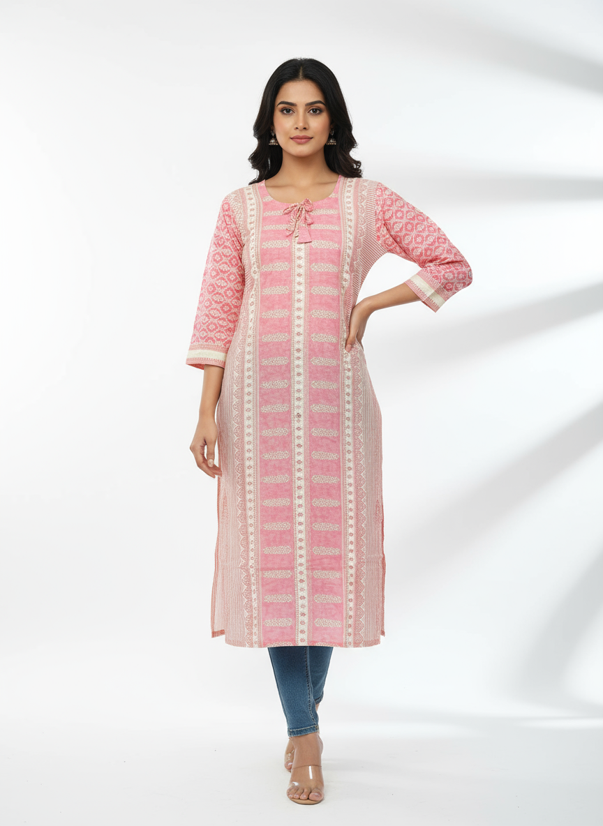 Stylish Pink Printed Cotton Kurti for Women – Elegant Ethnic Wear