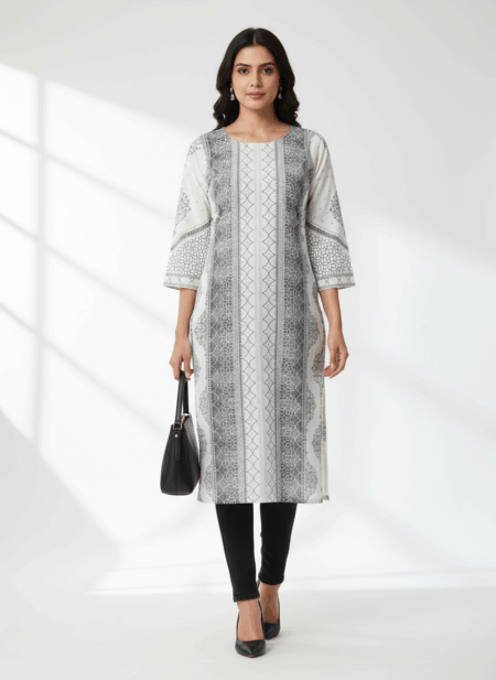 Elegant Grey and White Printed Cotton Kurti for Women | Office & Casual Wear