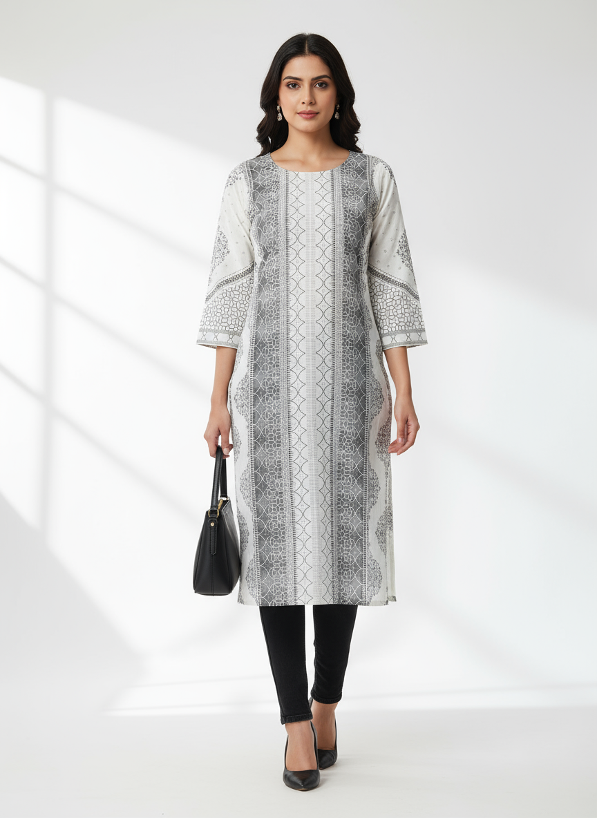 Elegant Grey and White Printed Cotton Kurti for Women | Office & Casual Wear