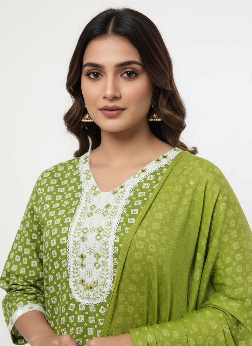 Elegant Green Printed Cotton Kurta Set with Dupatta for Women