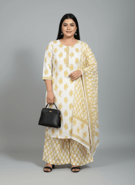 Off-White and Yellow Floral Printed Cotton Kurta Set with Dupatta for Women (Plus Size)