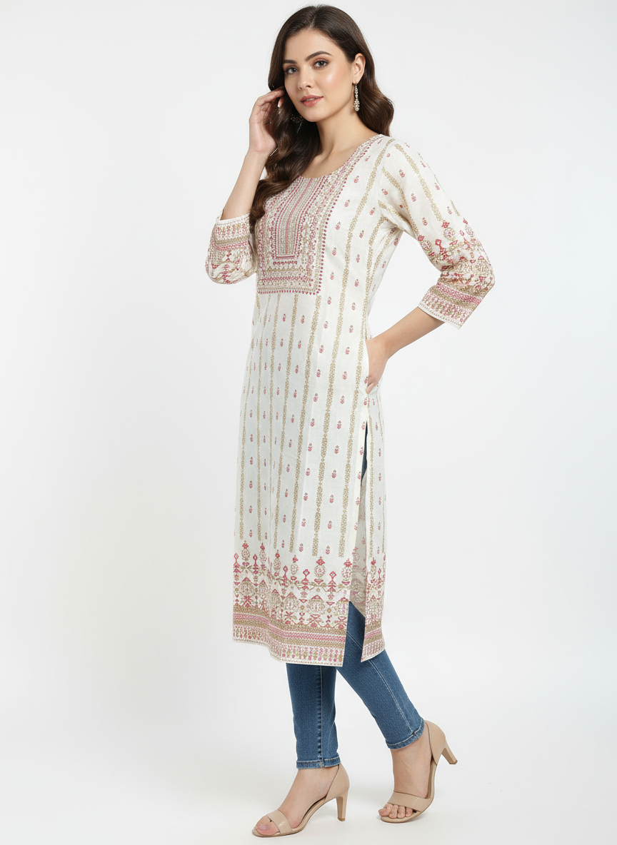 Elegant White Printed Cotton Kurti for Women – Ethnic Wear with 3/4 Sleeves