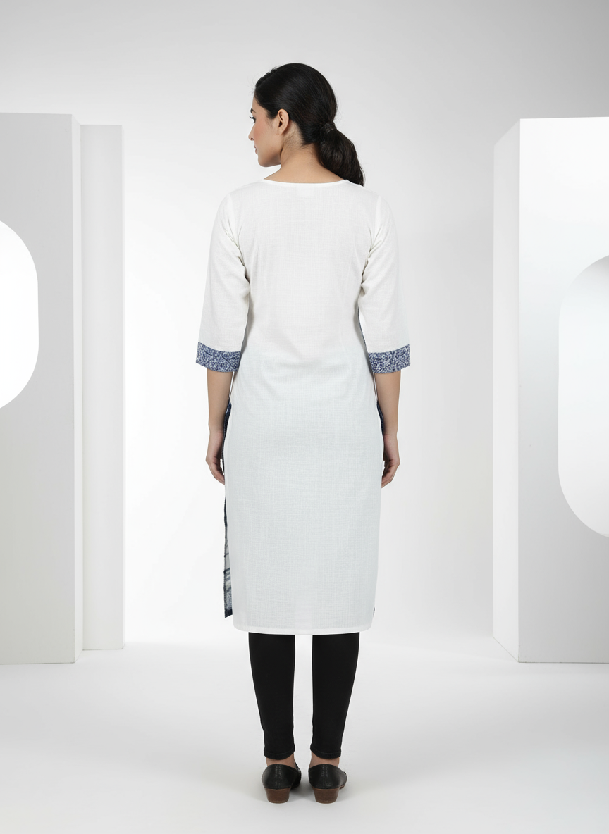Elegant White & Navy Blue Printed Cotton Kurti for Women