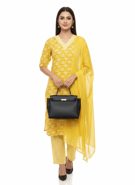 Bright Yellow Embroidered Cotton Kurta Set with Dupatta for Women